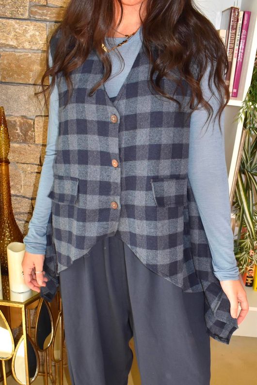Nora Brushed Cotton Gingham Trapeze Waistcoat Navy